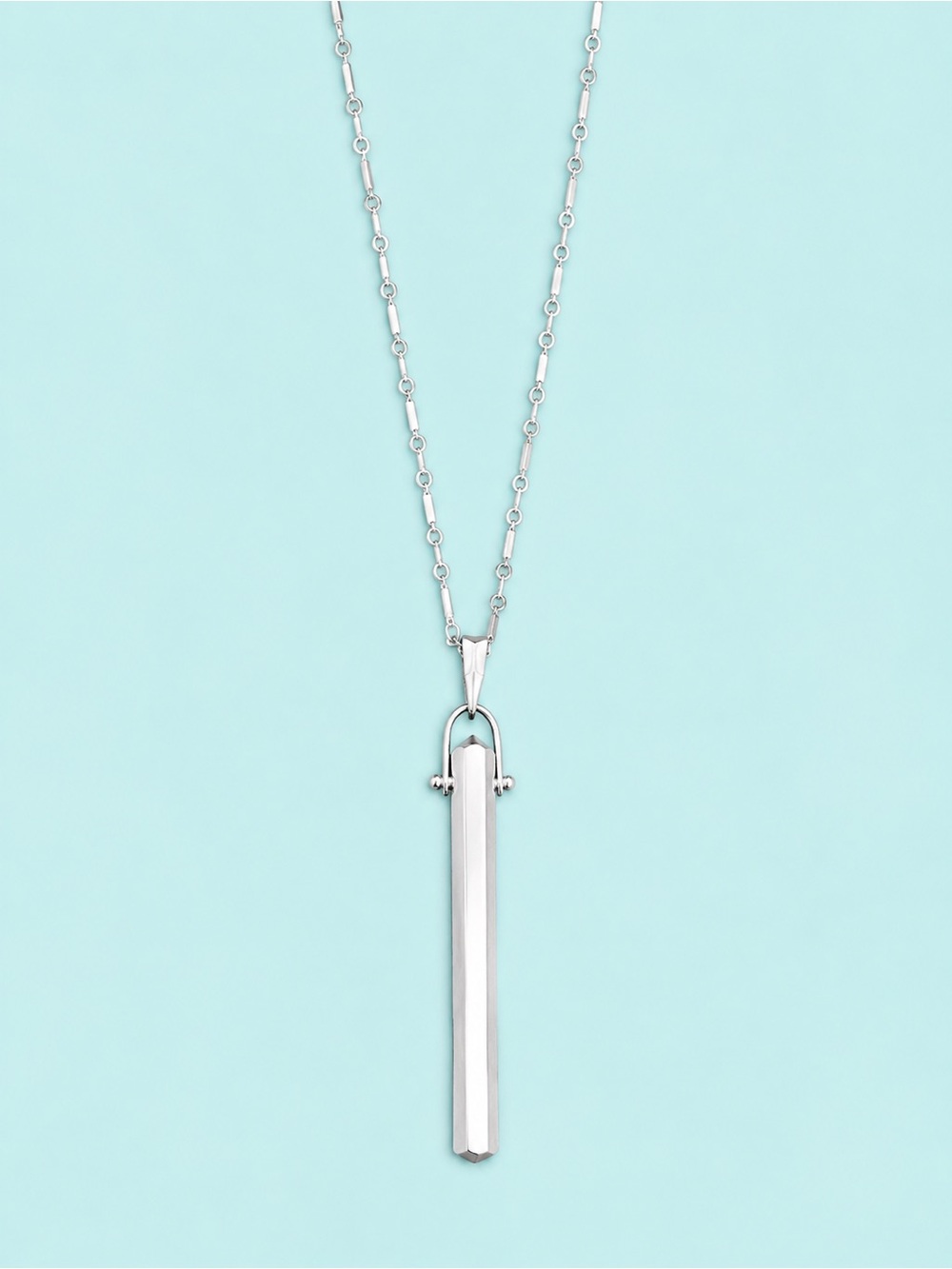Silver Tone Long Bar Pendant Necklace Geometric Minimalist 24”
